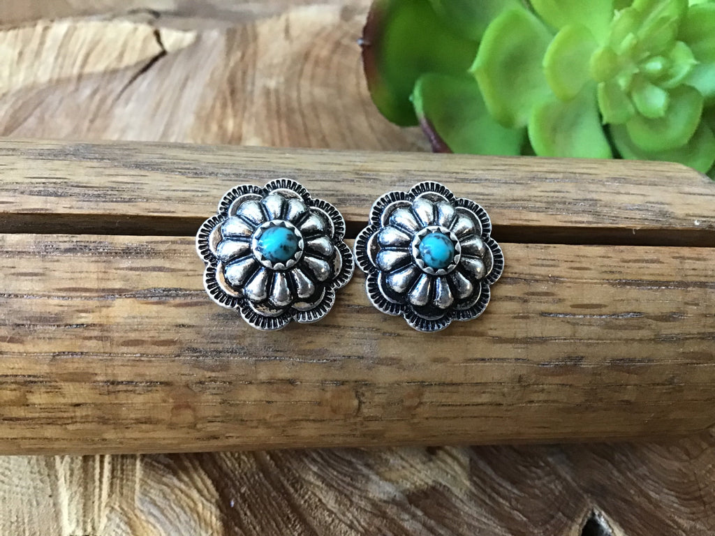 Round Silver & Turquoise Stud Earrings