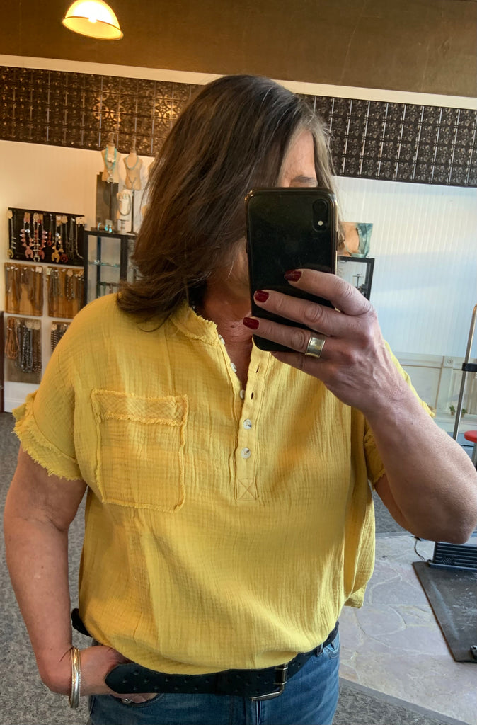 Yellow Cotton Gauze Henley Shirt - SML