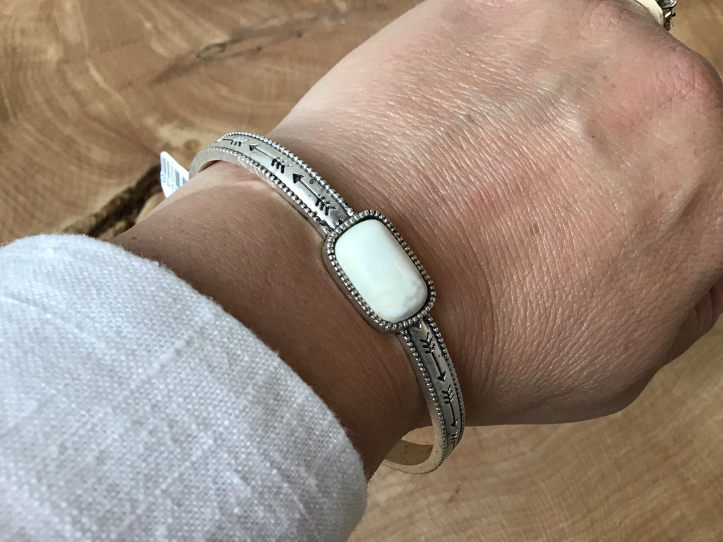 Natural White Stone Silver Cuff Bracelet