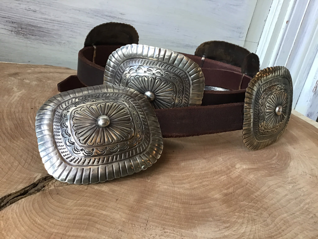 Handmade Square & Bow Hand Engraved Silver & Leather Concho Belt