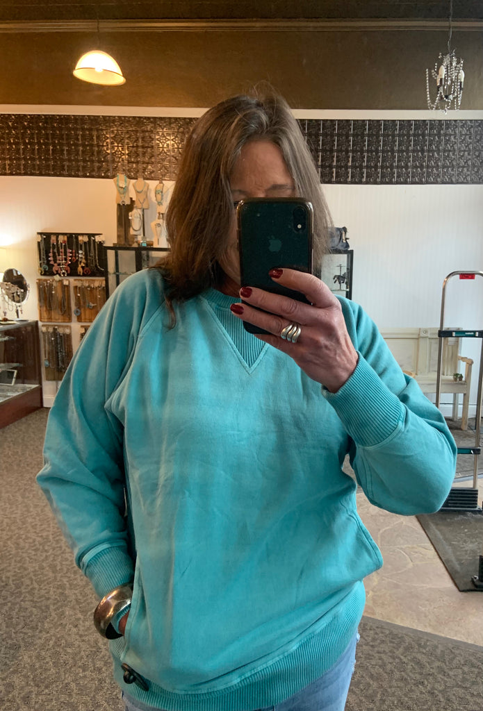 Washed Turquoise Pocketed Cotton Terry Sweatshirt - Small to 3X