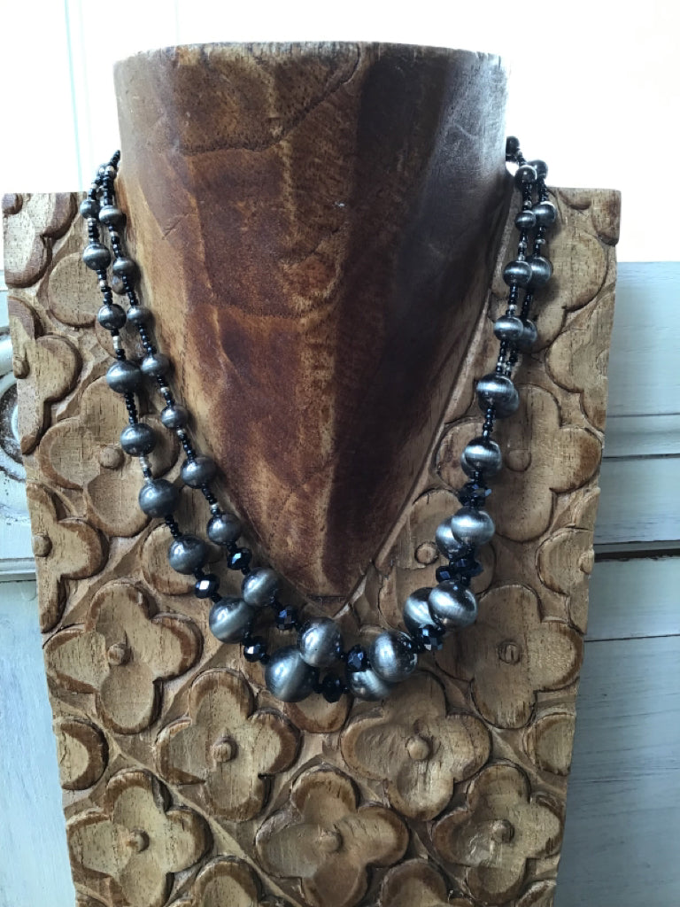 Navajo Style Pearl & Crystal Double Strand Necklace
