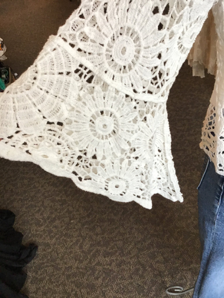 White Crocheted Bell Sleeve Sweater