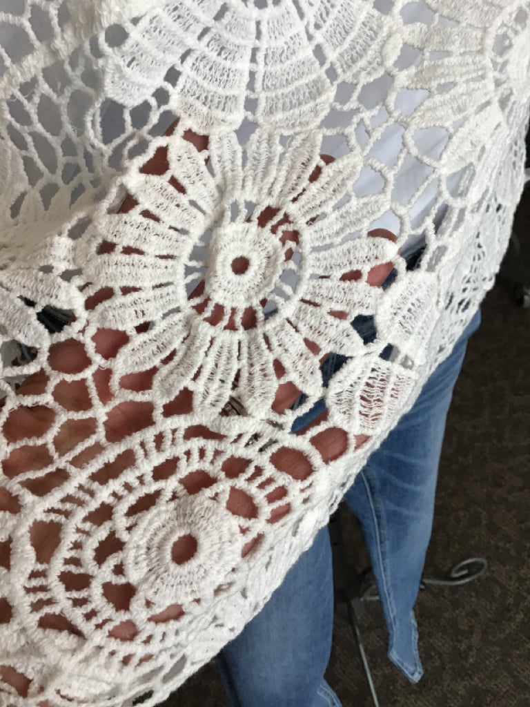 White Crocheted Bell Sleeve Sweater