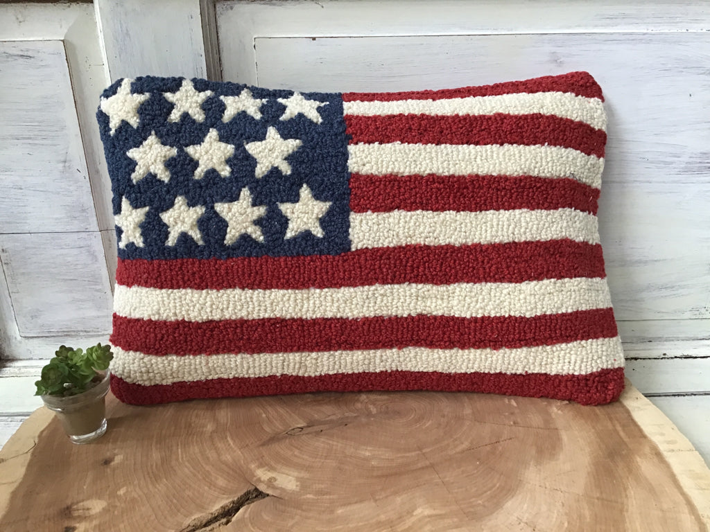Hand Hooked Wool American Flag Pillow