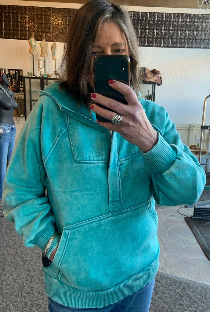 Turquoise Mineral Washed Oversized Hoodie Sweatshirt - SM