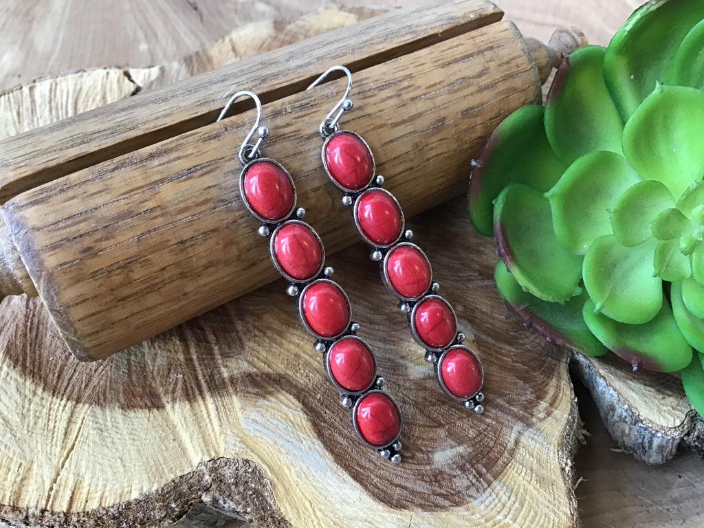 Red Stone Dangle Fishhook Earrings