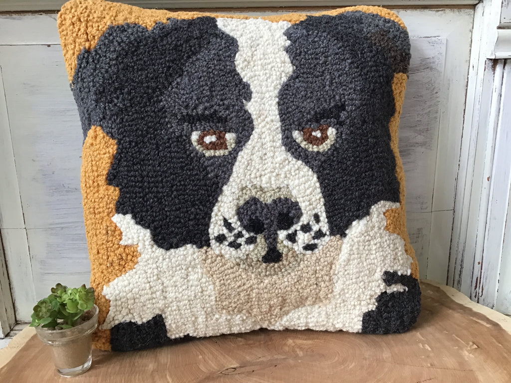 Hand Hooked Wool Border Collie Pillow
