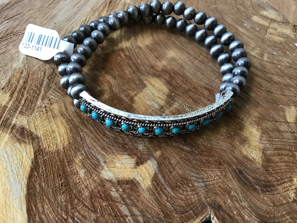 Navajo Style Pearl & Turquoise Stretch Bracelet