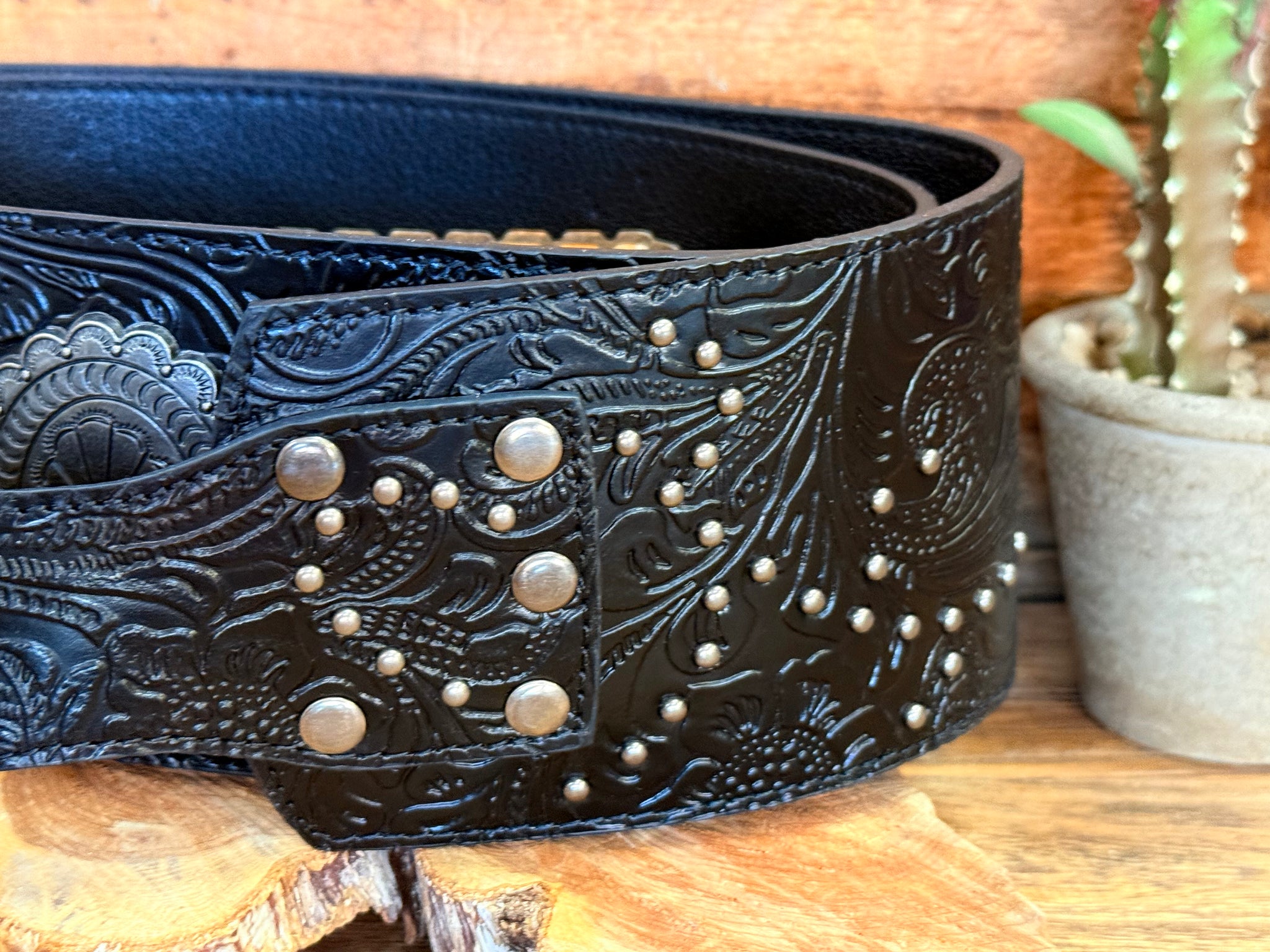 Wide Black Tooled Studded Leather Belt – Seven Songbirds Boutique