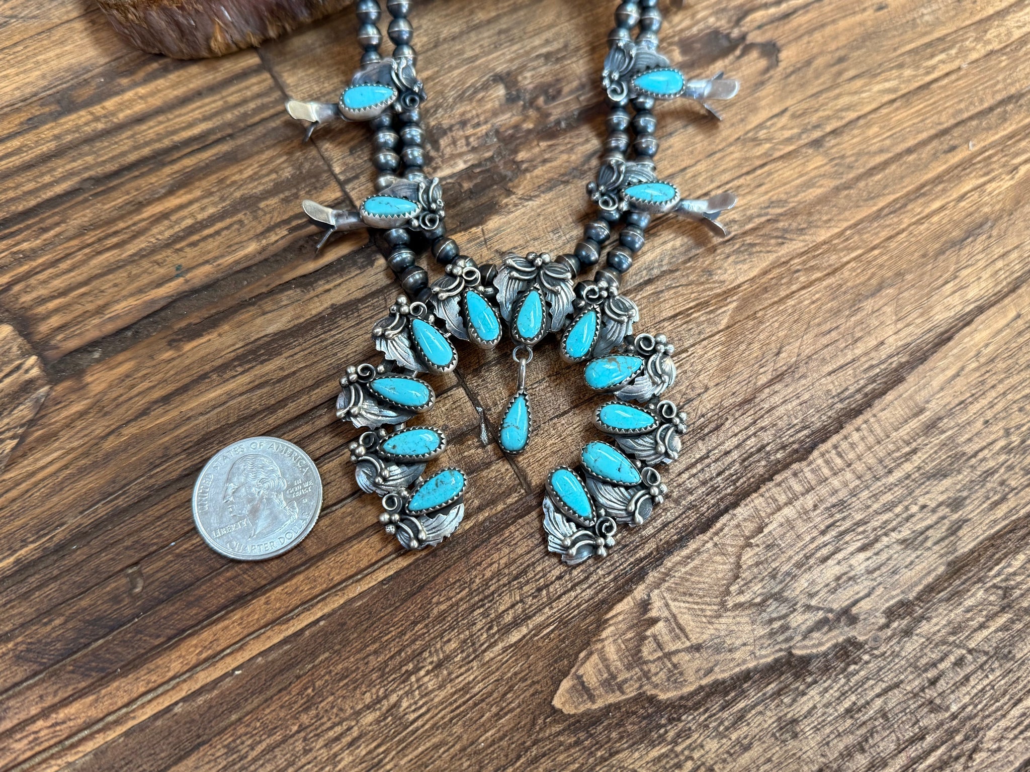 Navajo Handmade Campitos Turquoise Squash Blossom Necklace – Seven