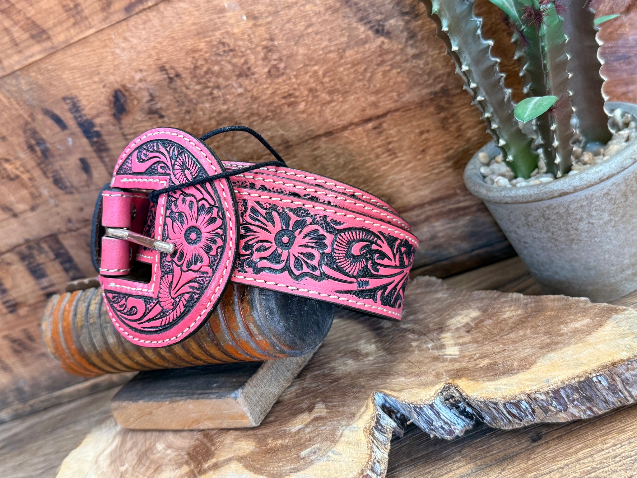 Pink Tooled Cowhide Belt - S to XL – Seven Songbirds Boutique