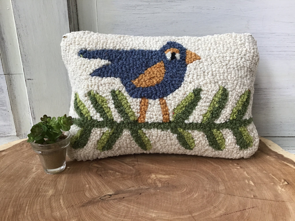 Hand Hooked Wool Blue Bird Pillow
