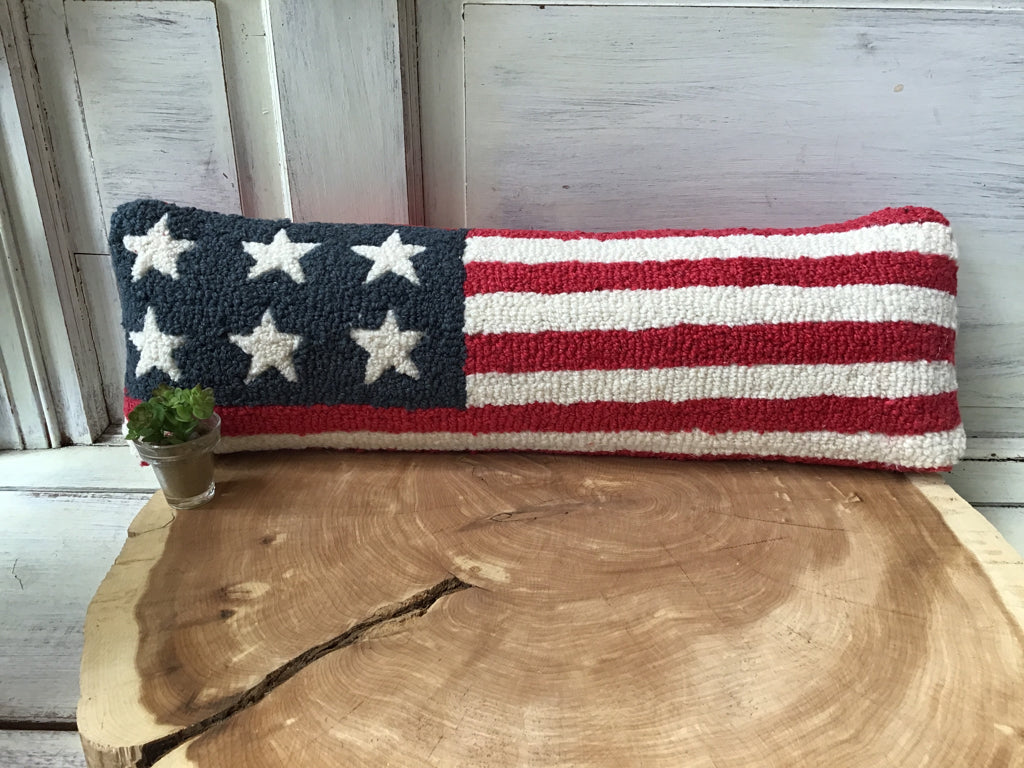 Hand Hooked American Flag Wool Bolstar Pillow