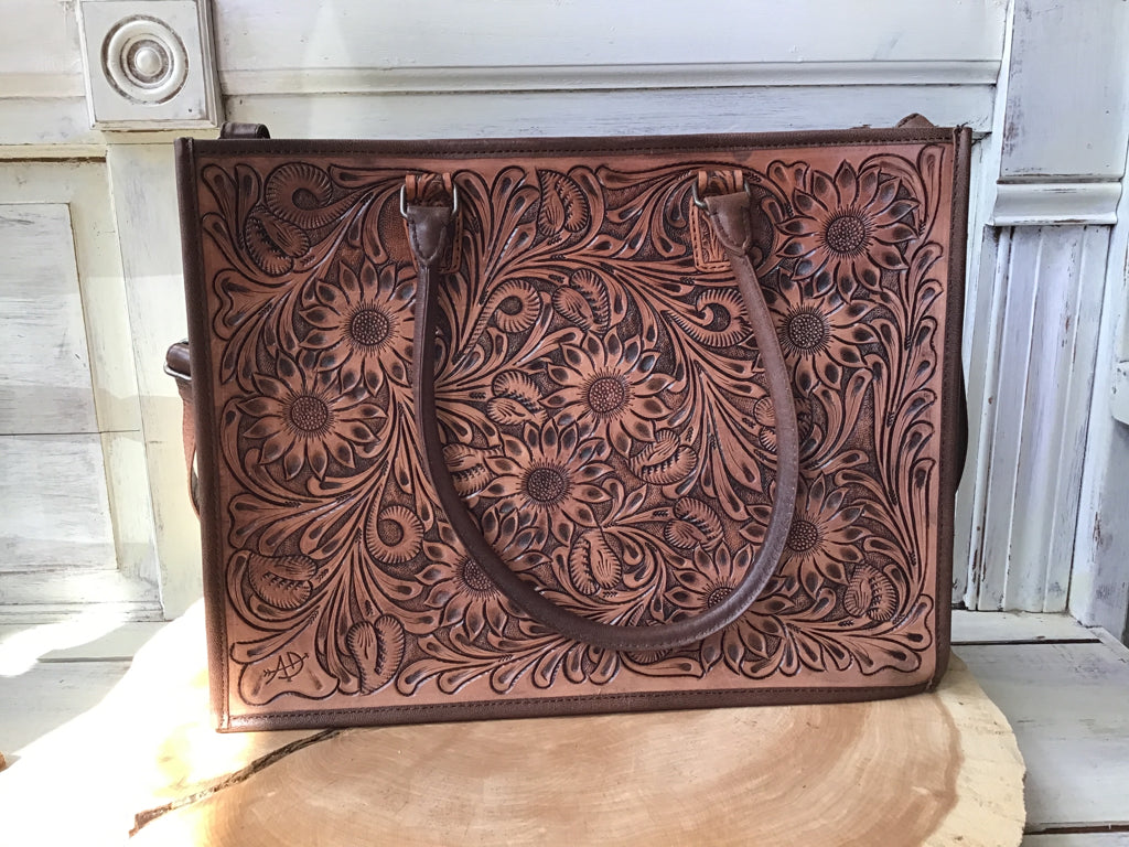 American Darling Hand Tooled Leather Briefcase Tote