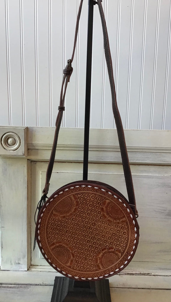 Leather Tooled Canteen Circle Crossbody