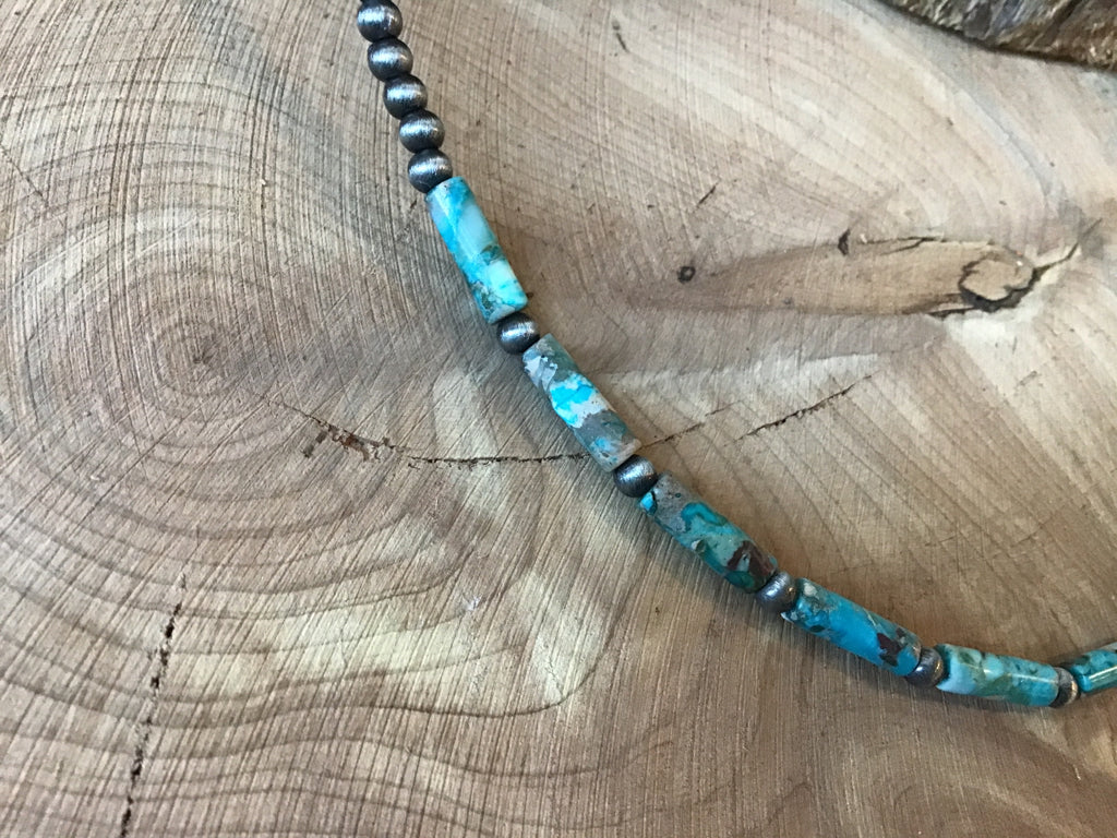 Tubular Turquoise & Tiny 4mm Navajo Style Pearl Necklace