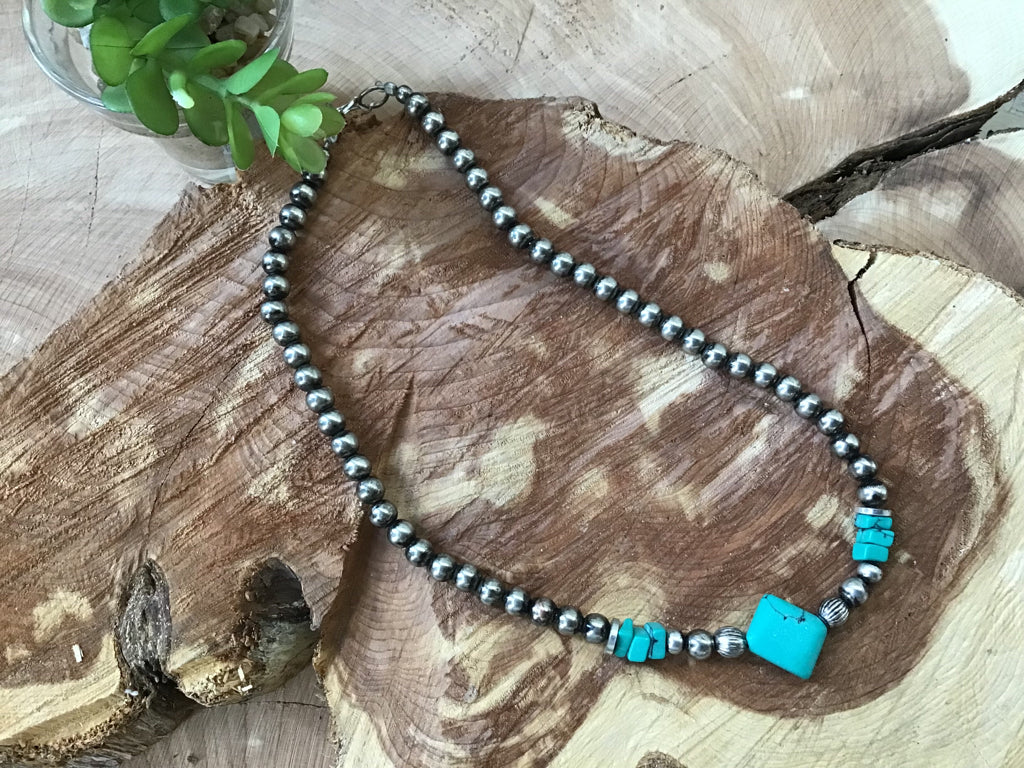 Turquoise & Navajo Style Pearl Choker Necklace