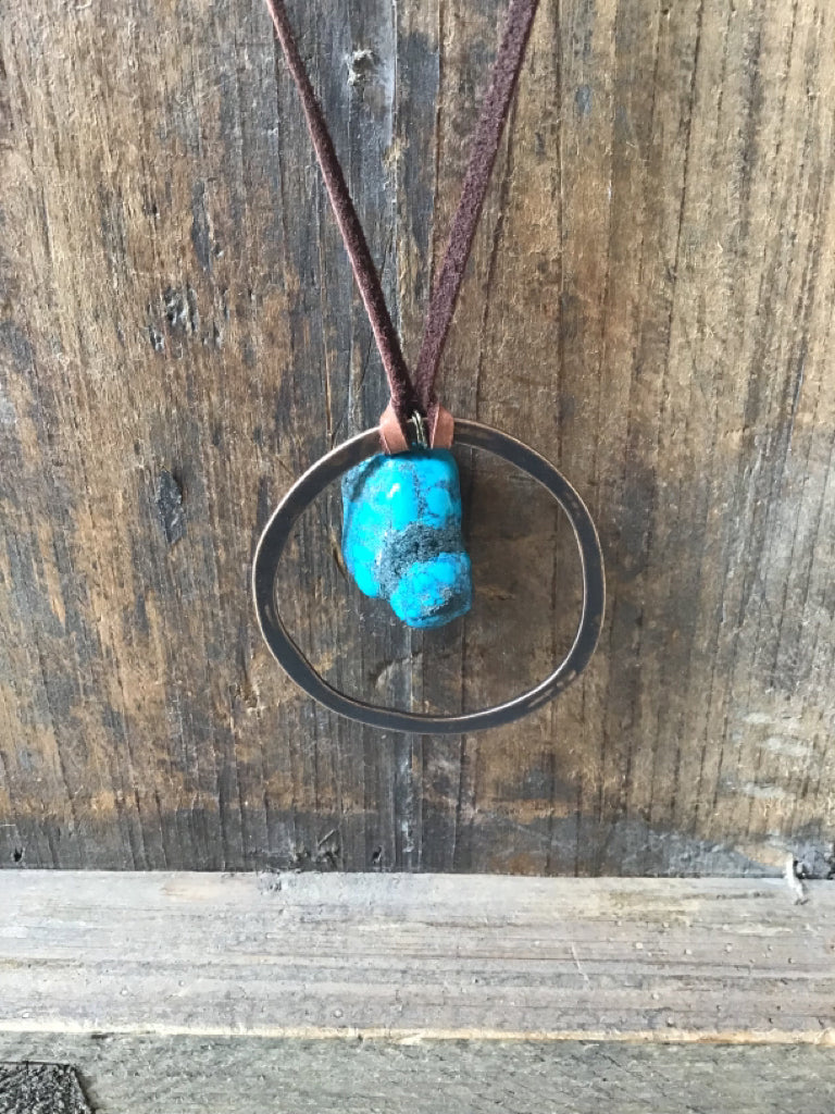 Handmade Leather Cord & Turquoise Chunk Copper Pendant Necklace