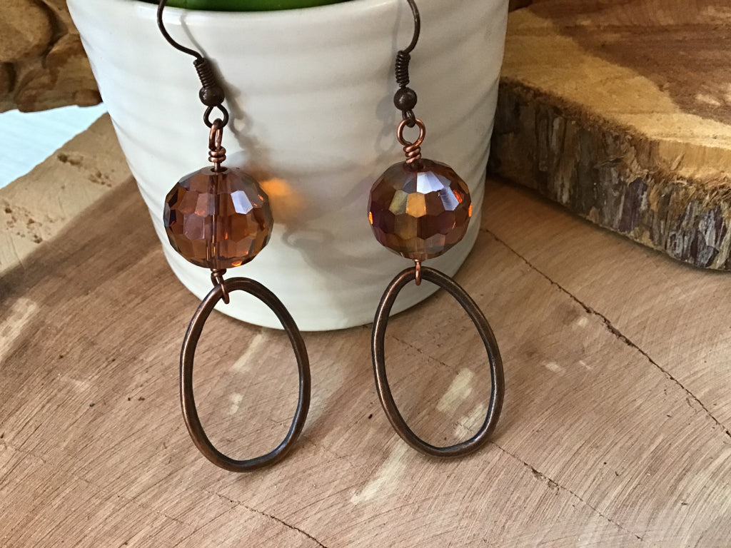 Copper Oval Crystal Earrings