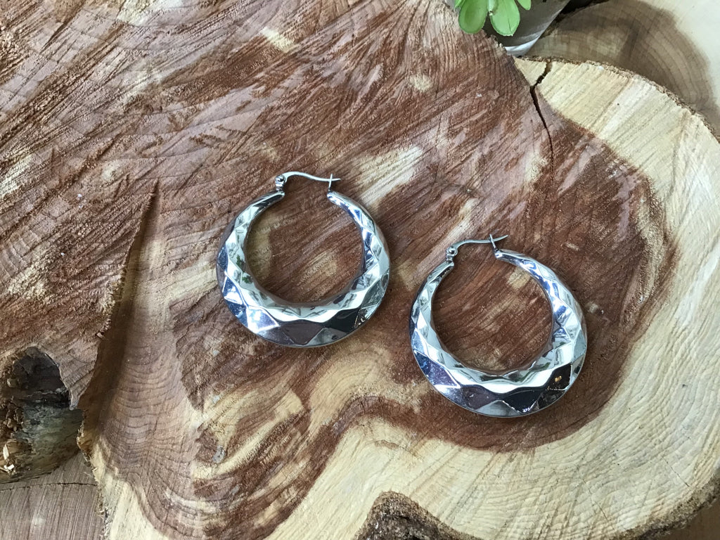 Silver18K Gold Dipped Stainless Steel 1.6 Inch Textured Hoop Earrings