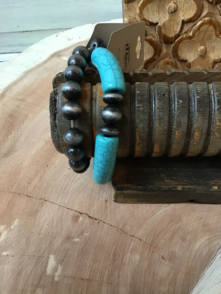 Turquoise & Silver Double Stretch Bracelet Stack