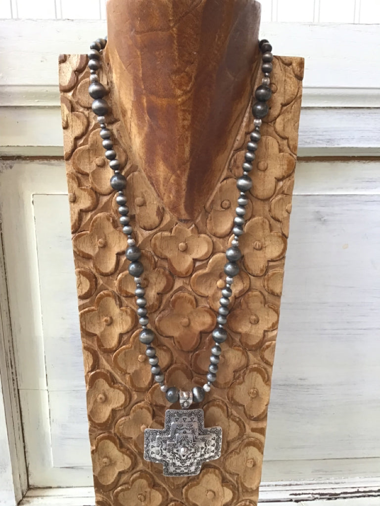 Turquoise Silver Navajo Pearl Style Cross Necklace Set