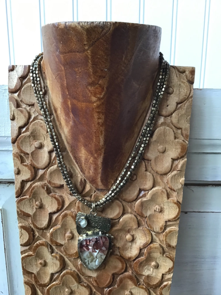 Brass Beaded Stone Pendant Necklace Set