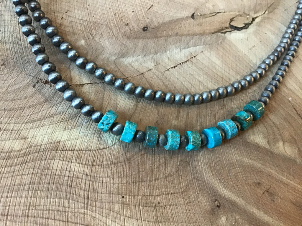 2-strand Navajo Style Pearl & Turquoise Necklace