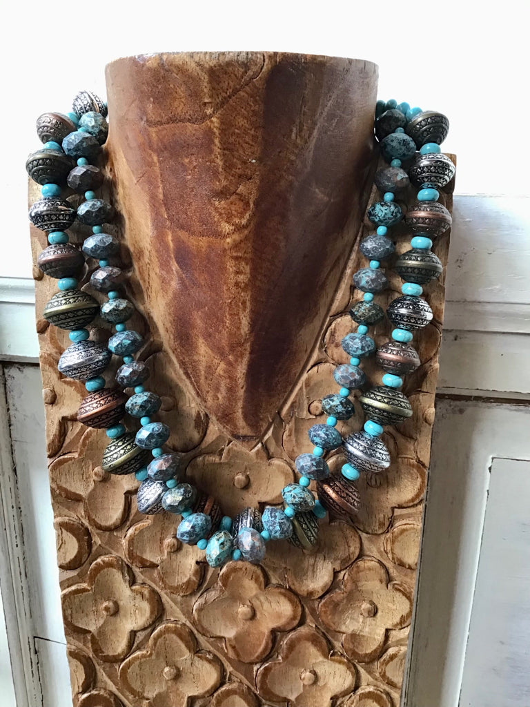 Copper, Turquoise, Brass & Silver Double Strand Necklace