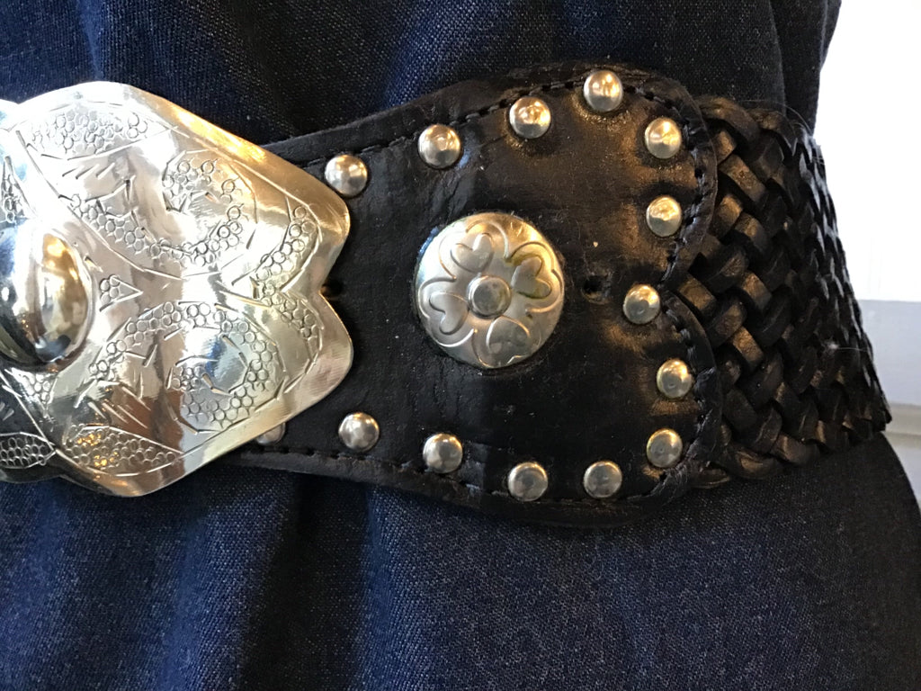 Silver Buckle Studded Leather Belt