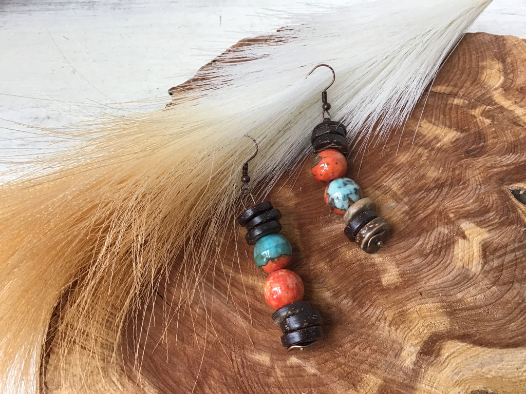 Handmade Turquoise & Wood Chunk Earrings