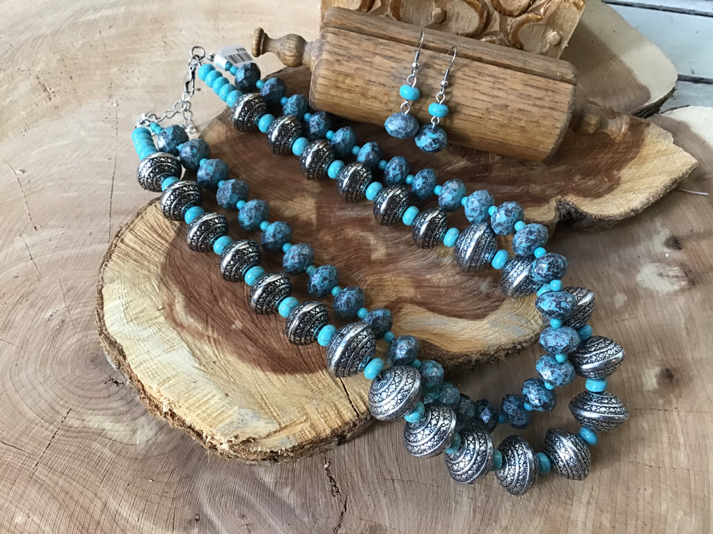 Turquoise Patina Slver Beads Double Strand Necklace Set