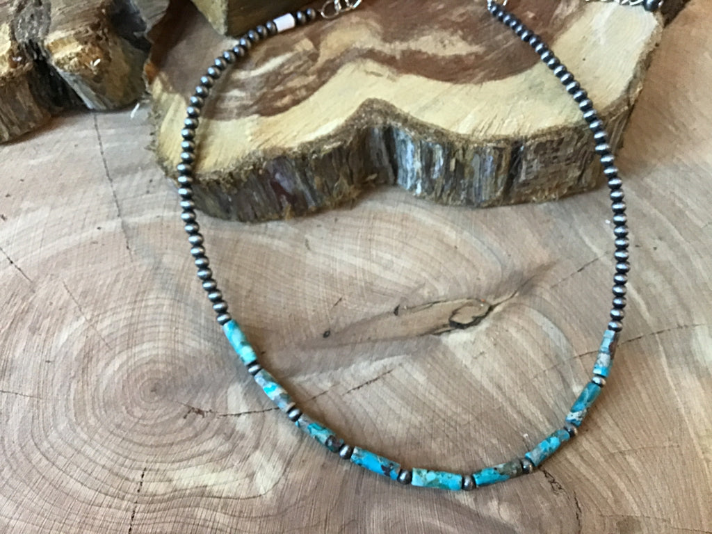 Tubular Turquoise & Tiny 4mm Navajo Style Pearl Necklace