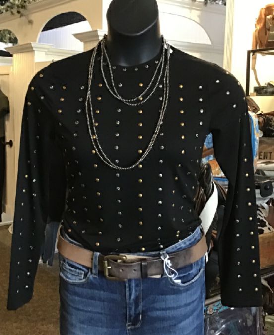 Studded Black Long Sleeve T Shirt - XS to 3X