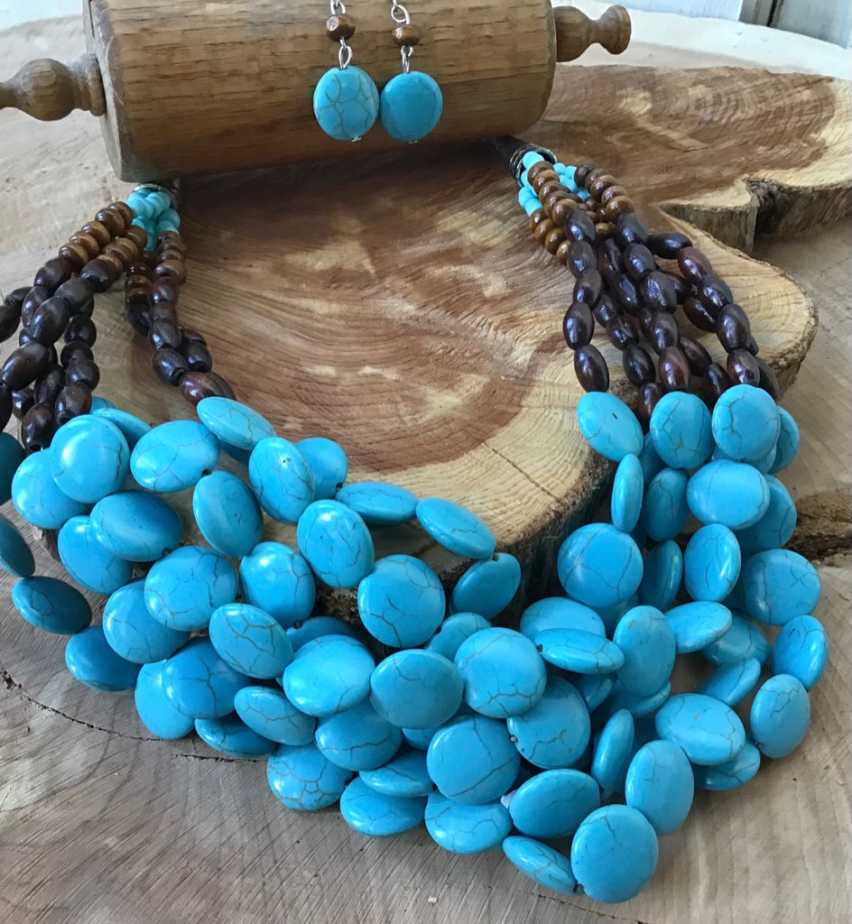 Turquoise & Wood 6 Strand Necklace