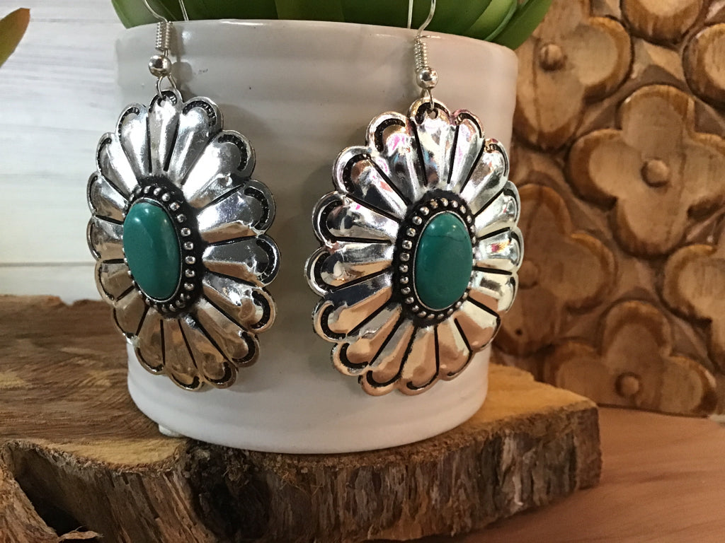 Turquoise Silver Floral Fishhook Earrings