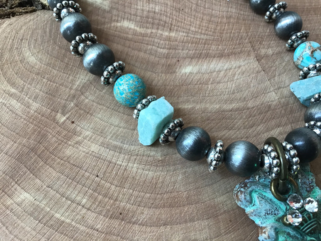 Handmade Patina Beaded Cross Necklace