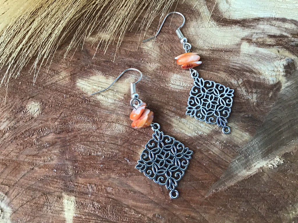 Handmade Orange Spiny Fishhook Earrings