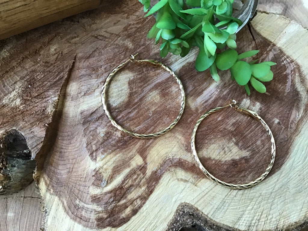 Gold 14K Gold Dipped Textured 1.5 Inch Metal Hoop Earrings