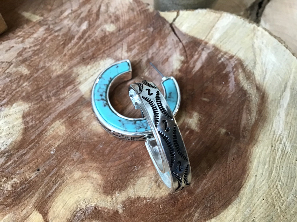 Turquoise Engraved Silver Hoop Earrings