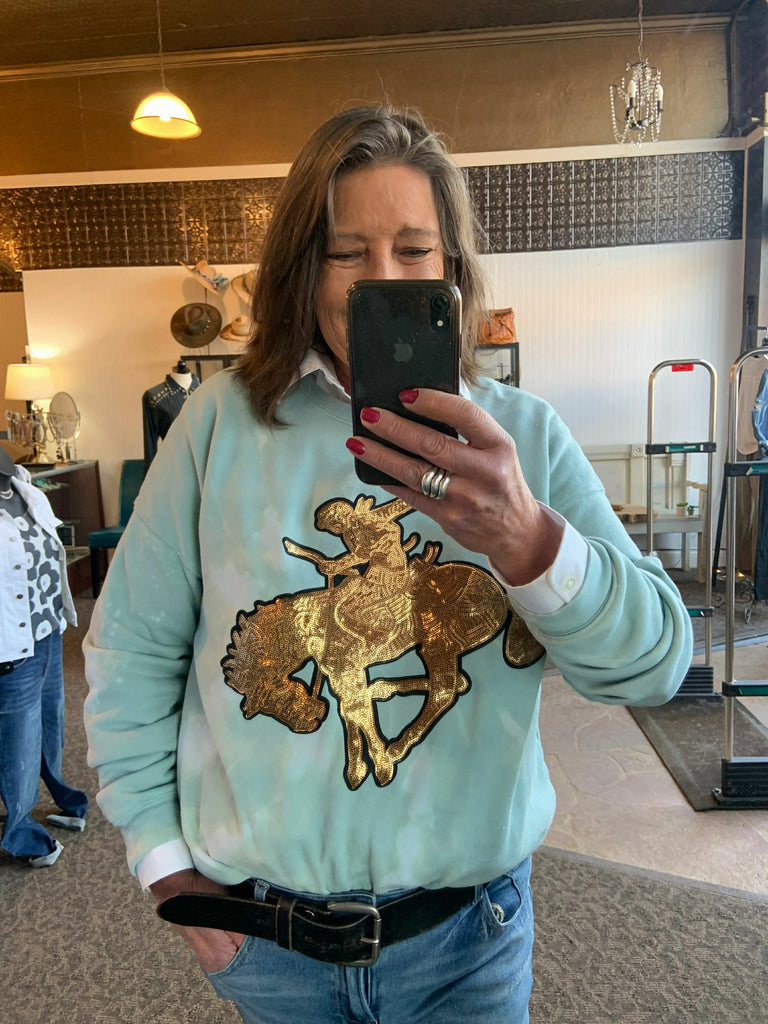 Gold Sequined Bronc Bleached Sweatshirt - Small to 2X