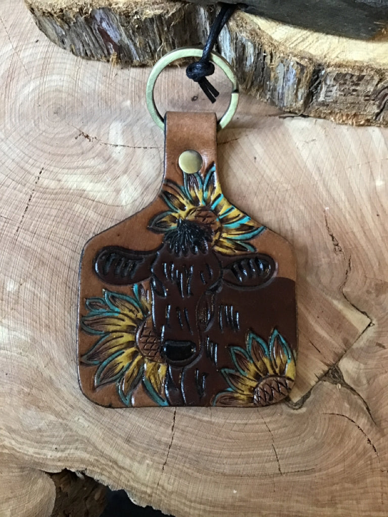 Sunflower Cow Tooled Leather Key Chain