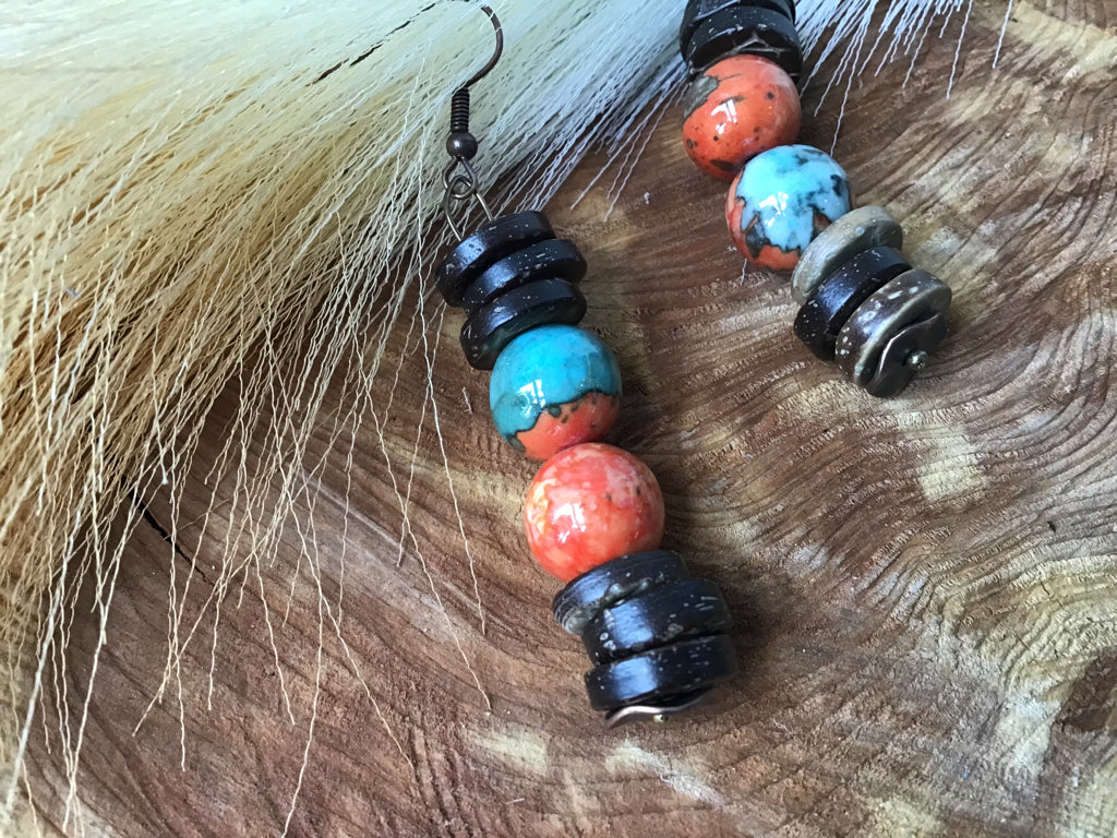Handmade Turquoise & Wood Chunk Earrings