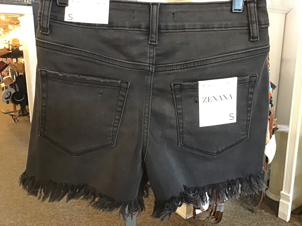 Washed Black Fringed Hem Denim Shorts - Small to 3X