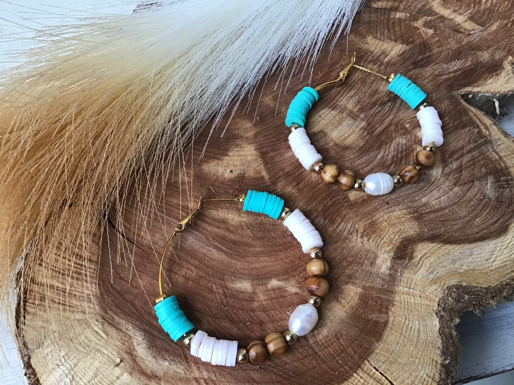 Handmade Turquoise, Pearl & Wood Earrings