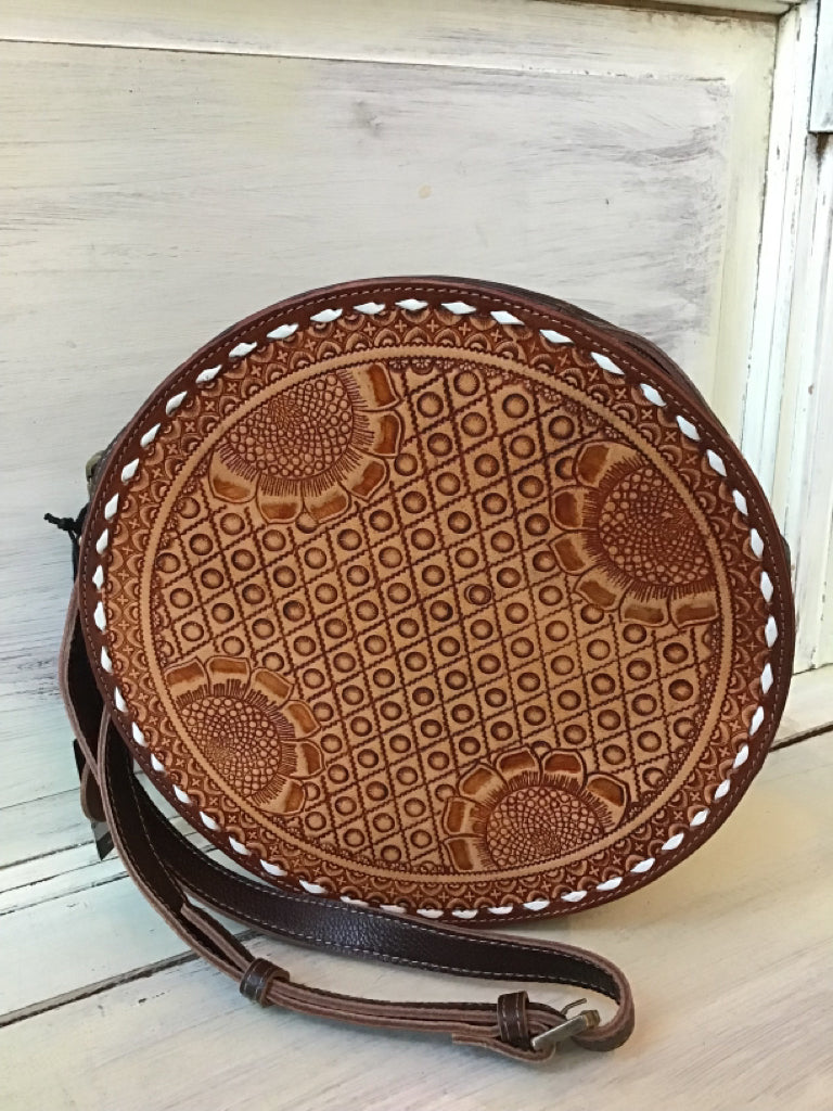 Leather Tooled Canteen Circle Crossbody