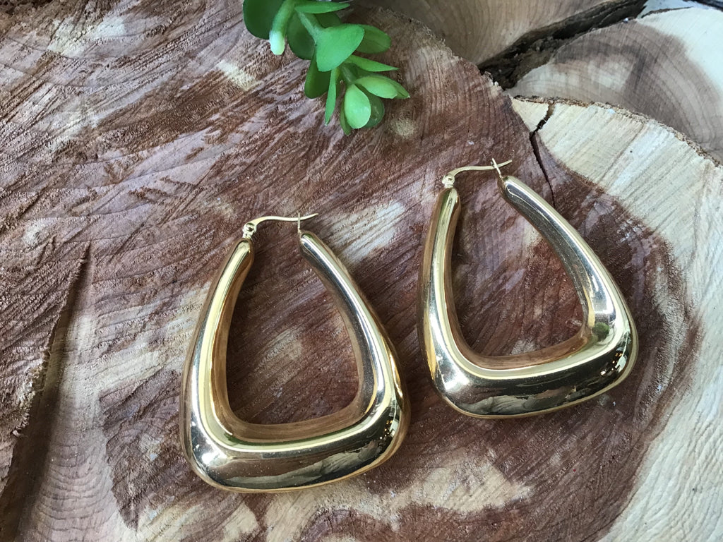 18K Gold Dipped Stainless Steel 2.1 Inch Metal Trapezoid Hoop Earrings