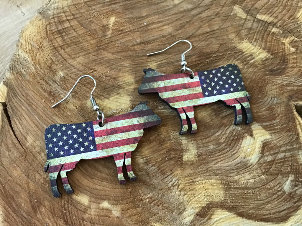 Wooden American Flag Cow Earrings