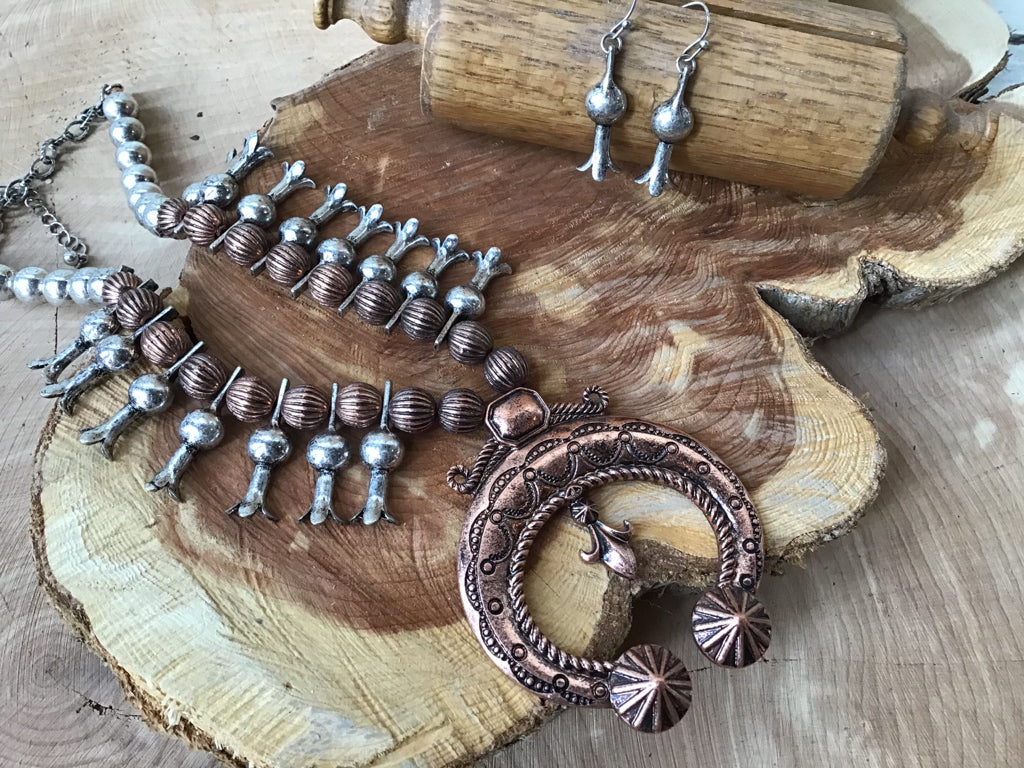 Mixed Copper & Silver Navajo Style Pearl Naja Necklace Set